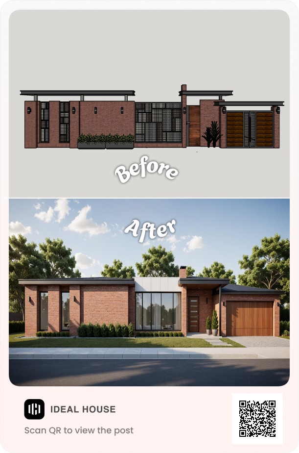 a brick house with the driveway and trees in front